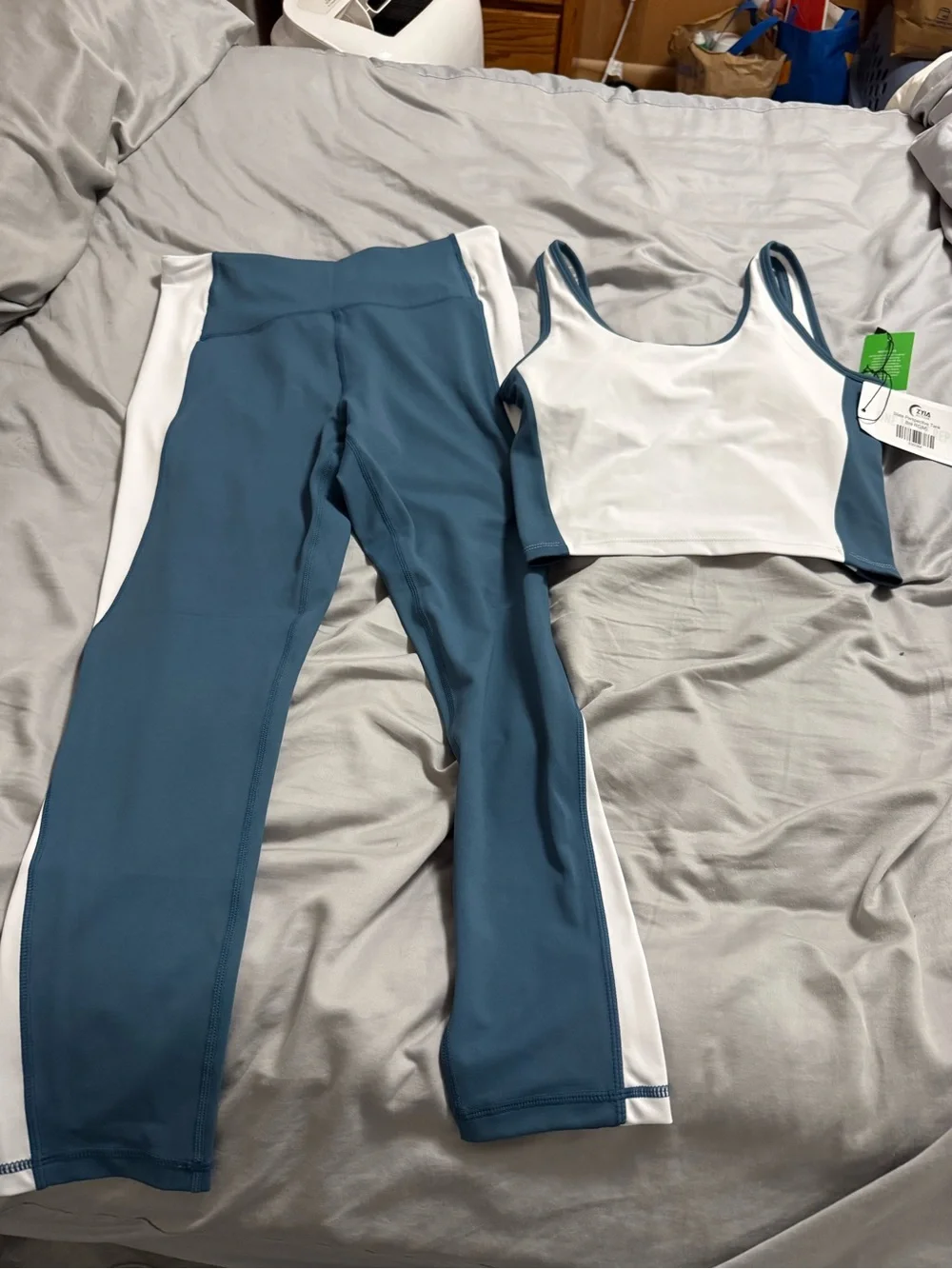 Zyia Blue and White Athletic Legging + Crop Tank Set